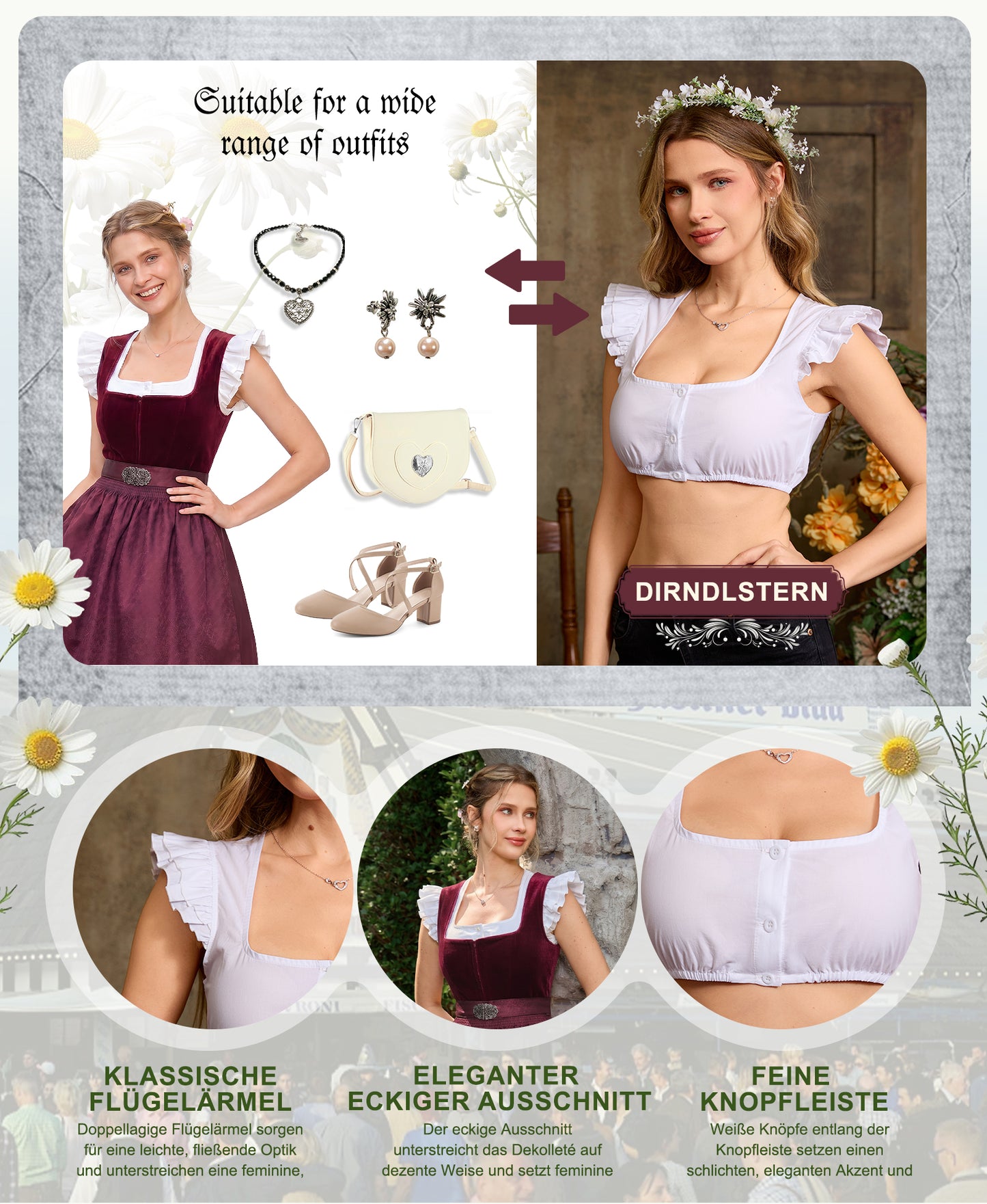 DIRNDLSTERN Dirndlbluse Damen Weiß Flügelärmel – Moderne Dirndl Bluse Trachtenbluse für Oktoberfest