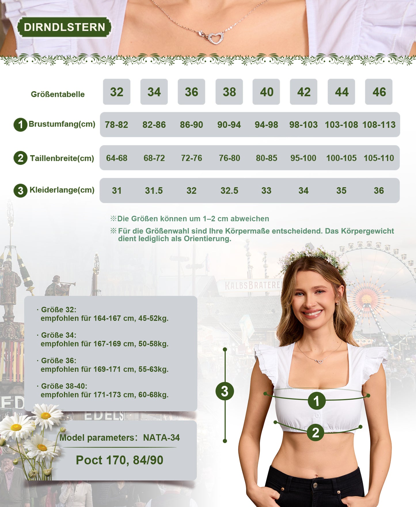 DIRNDLSTERN Dirndlbluse Damen Weiß Flügelärmel – Moderne Dirndl Bluse Trachtenbluse für Oktoberfest