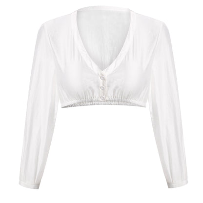 DIRNDLSTERN Women's White Dirndl Blouse Long Sleeve V-Neck Button Placket Costume Blouse for Oktoberfest and Carnival