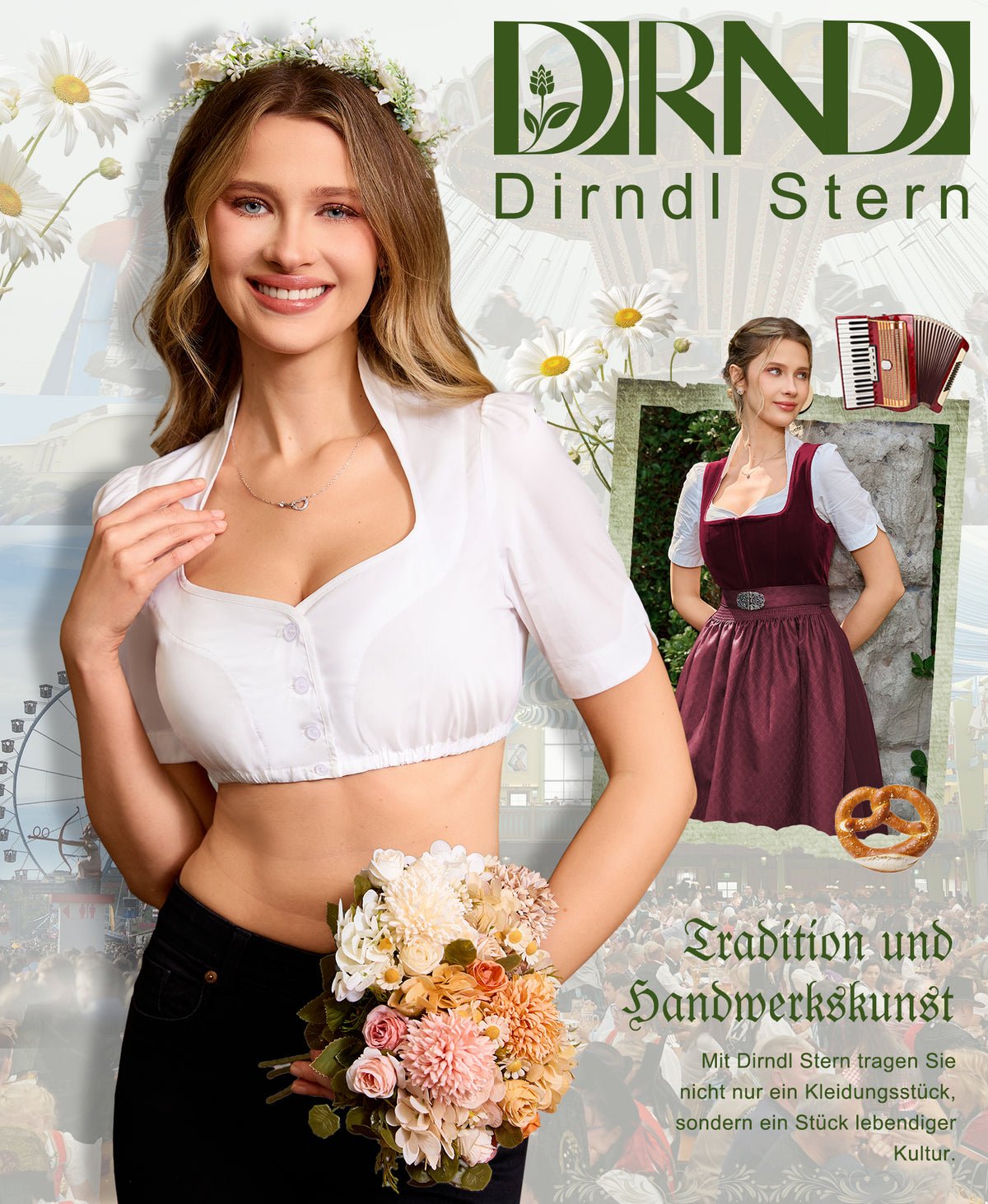 DIRNDLSTERN Bluse Damen Weiß - Dirndlbluse zum Knöpfen Trachtenbluse für Oktoberfest