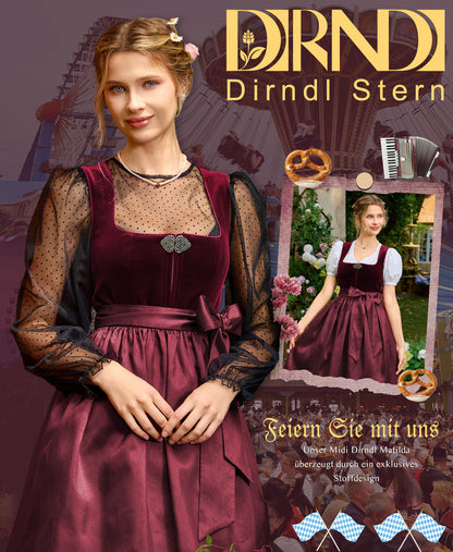 DIRNDLSTERN Damen Rot Trachtenkleid - Midi Oktoberfest Outfit Samt Dirndlkleid mit 60 cm Dirndlschürzen