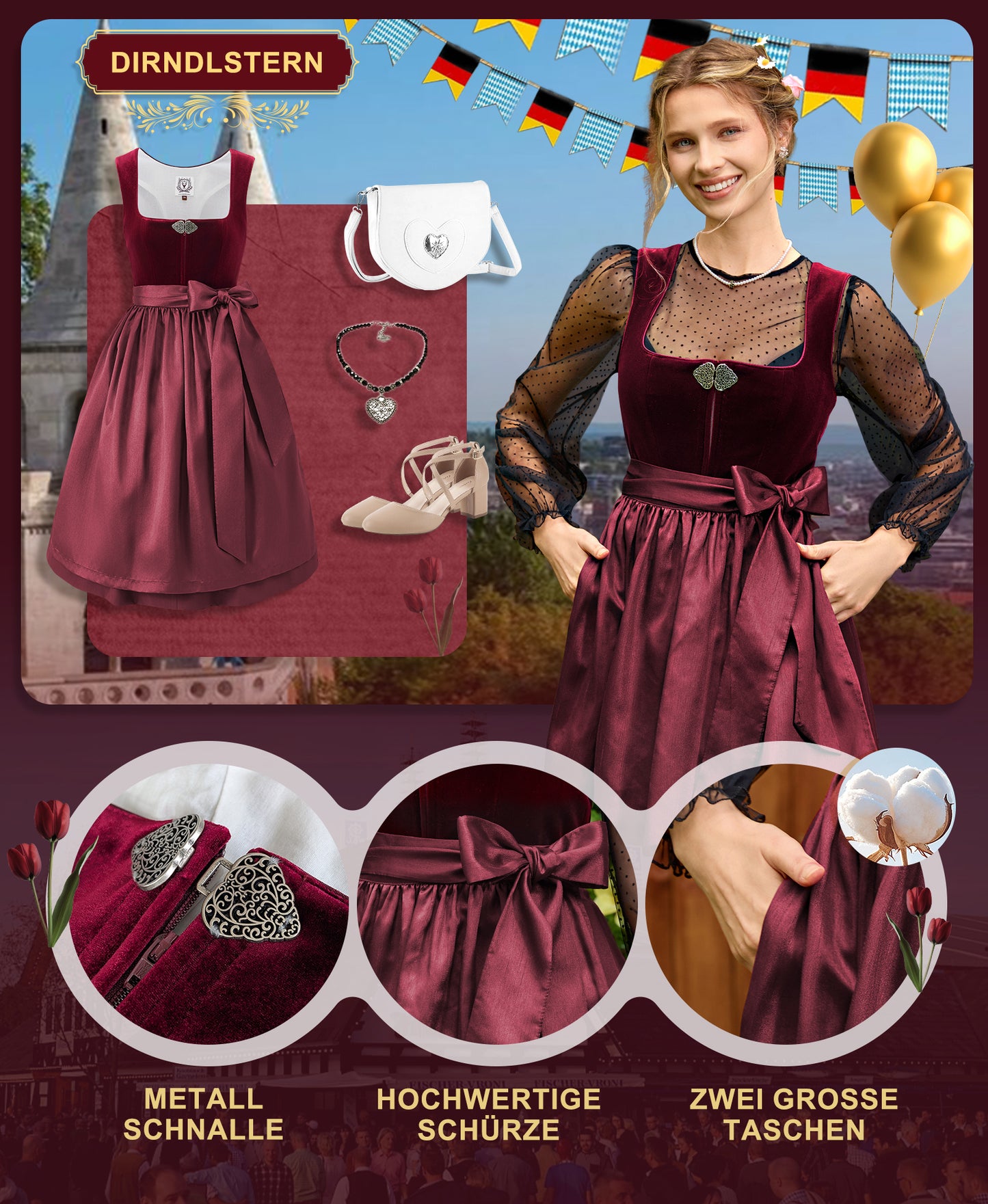 DIRNDLSTERN Damen Rot Trachtenkleid - Midi Oktoberfest Outfit Samt Dirndlkleid mit 60 cm Dirndlschürzen
