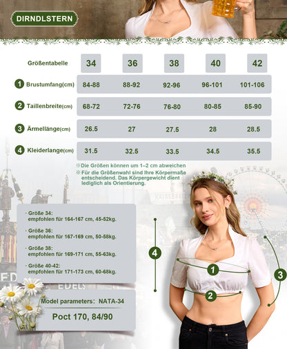 DIRNDLSTERN Bluse Damen Weiß - Dirndlbluse zum Knöpfen Trachtenbluse für Oktoberfest
