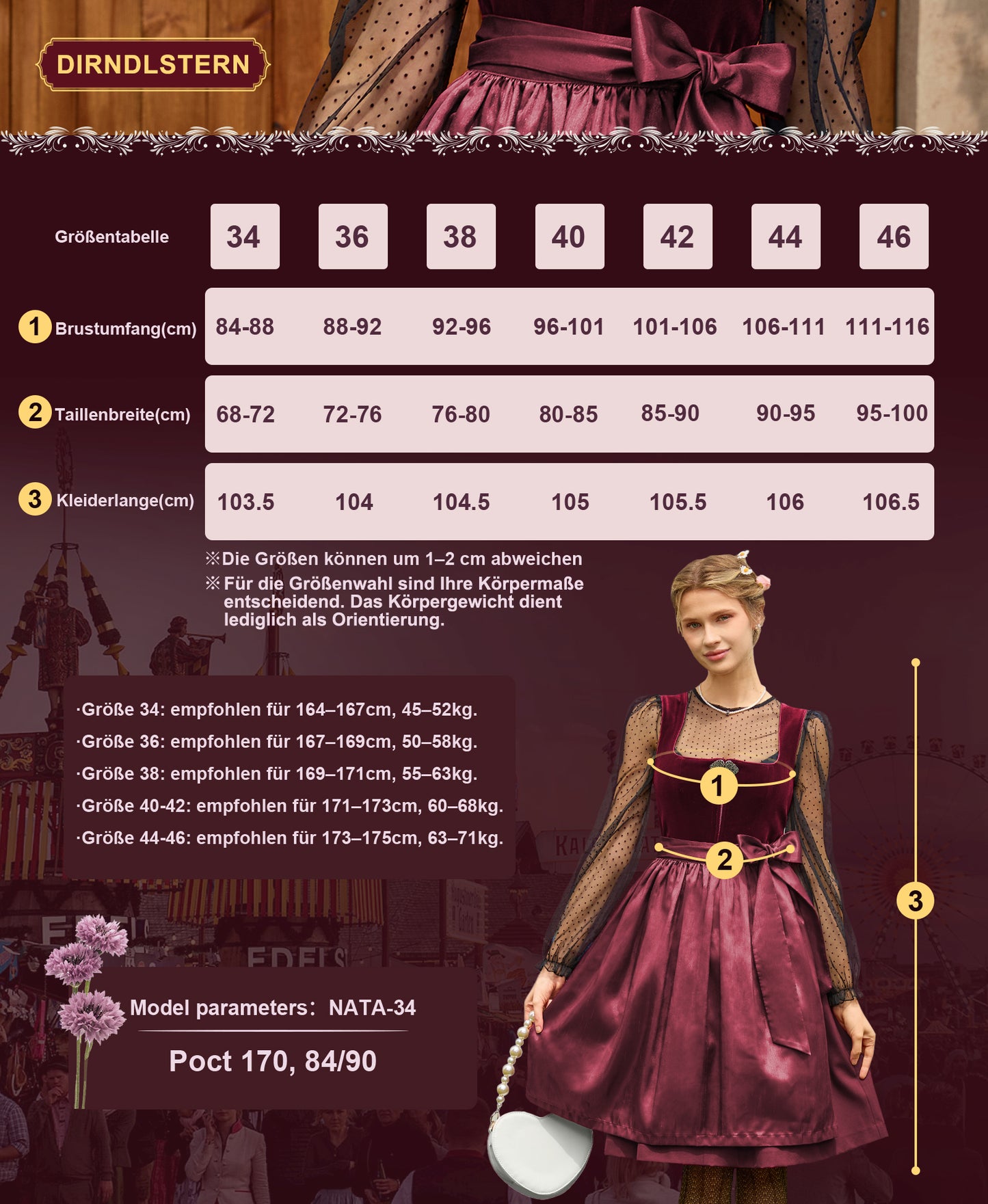DIRNDLSTERN Damen Rot Trachtenkleid - Midi Oktoberfest Outfit Samt Dirndlkleid mit 60 cm Dirndlschürzen