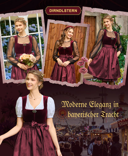 DIRNDLSTERN Damen Rot Trachtenkleid - Midi Oktoberfest Outfit Samt Dirndlkleid mit 60 cm Dirndlschürzen