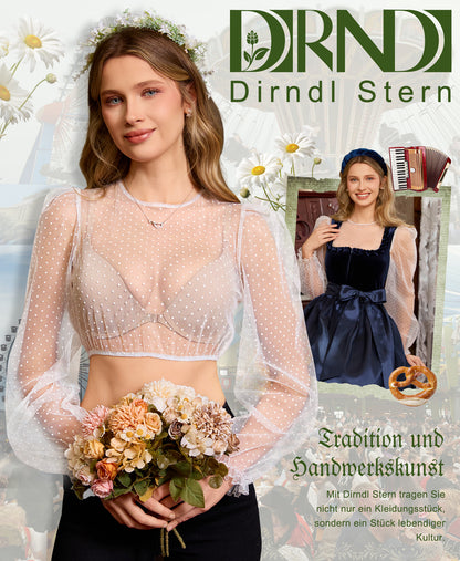 DIRNDLSTERN Bluse Damen Langarm – Dirndlbluse Transparent mit Punkten Trachtenbluse Puffärmel für Oktoberfest & Bayerische
