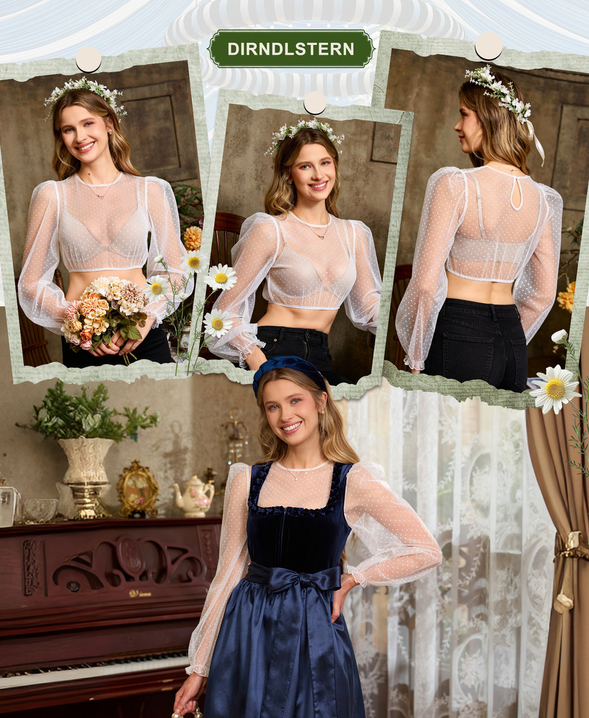 DIRNDLSTERN Bluse Damen Langarm – Dirndlbluse Transparent mit Punkten Trachtenbluse Puffärmel für Oktoberfest & Bayerische